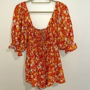 Free People Cute Floral Dance All Night Front Tie Romper Fall Orange Size XS